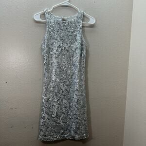 Caché Sequin Mini Dress Silver Y2K 90s Party Formal High Neck‎ Open Back Sz 4